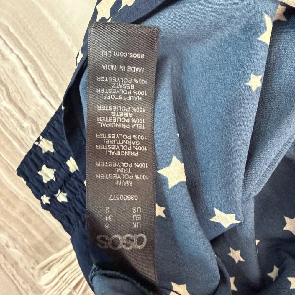 ASOS Womens Blue Star Print Smocked Waist Shorts Tassel Drawstring Size US 2 - Picture 4 of 4